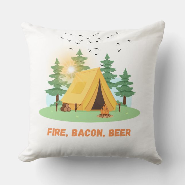 Cojín Decorativo Fuego. Bacon. Cerveza. –Camping (Anverso)