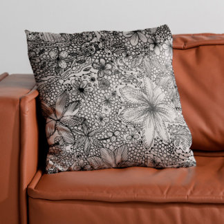Cojín Decorativo Funky Whimsical Floral Negro y Blanco