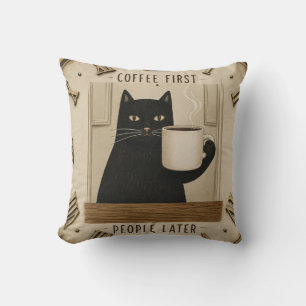Cojín Decorativo Funny Black Cat Coffee First People Later Cat Love