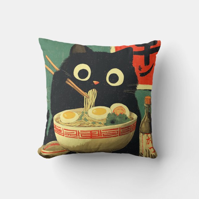 Cojín Decorativo Funny Black Cat Eating Ramen (Anverso)