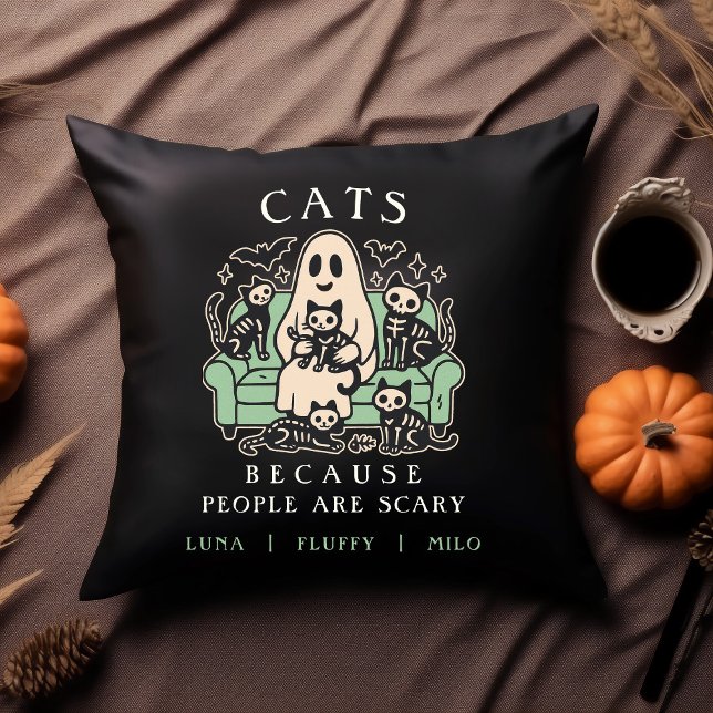 Cojín Decorativo Funny Halloween Cat and Ghost Throw Pillow (Cats Because People Are Scary Funny Throw Pillow with Cats and Ghost with custom names)
