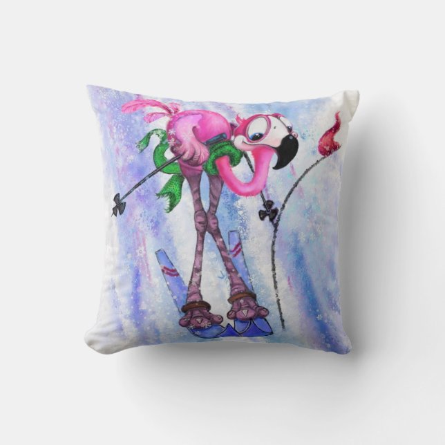 Cojín Decorativo Funny Pillow con esquiador Flamingo Rosa (Anverso)