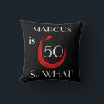 Cojín Decorativo Funny Red Wine 50th Birthday Black<br><div class="desc">El Cojín decorativo negro de cumpleaños número 50 del vino rojo es divertido y sencillo. almohada negra y roja de 50 años con una cita graciosa y motivacional 50 Y qué. Un número de edad está dentro de un vaso abstracto de vino tinto. El fondo es negro. Personalice la almohada...</div>
