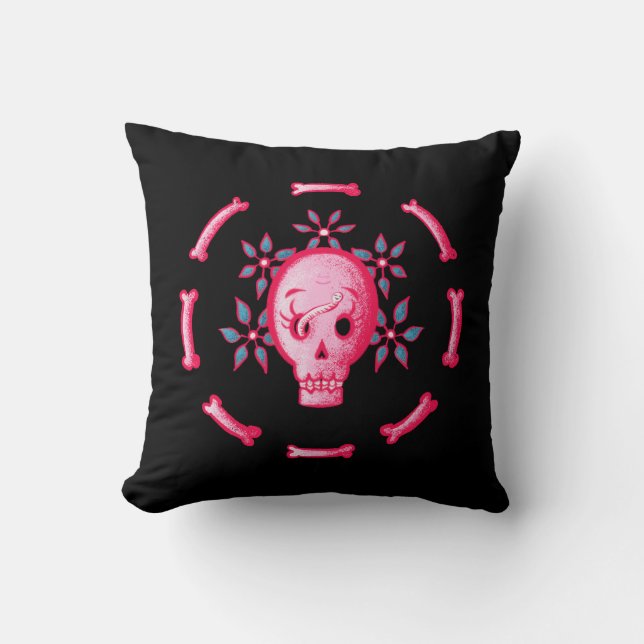 Cojín Decorativo Funny Skull Design - Calavera rosa con gusano feli (Anverso)