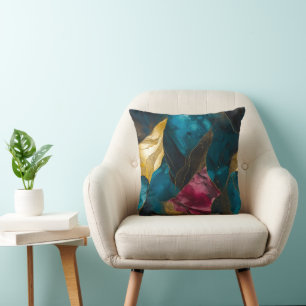 Cojín Decorativo Fusión de mármol teal y dorado de medianoche