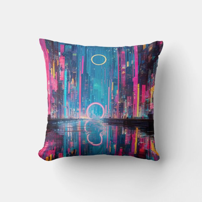 Cojín Decorativo Futuristic Vibrant Neon Night Cityscape (Anverso)