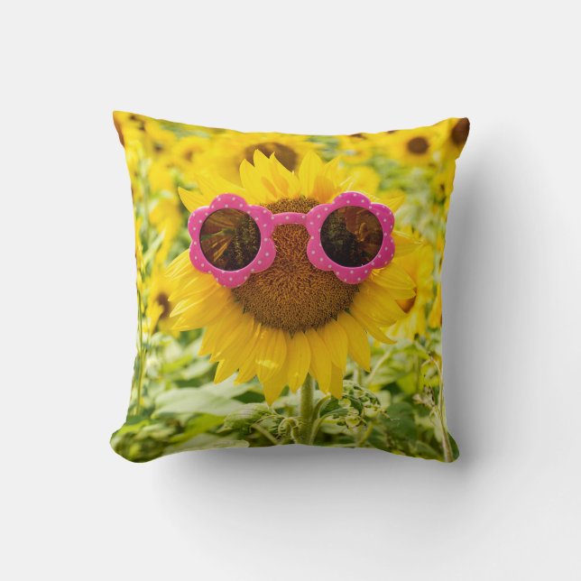 Cojín Decorativo Gafas De Sol Rosadas Sobre El Girasol (Anverso)