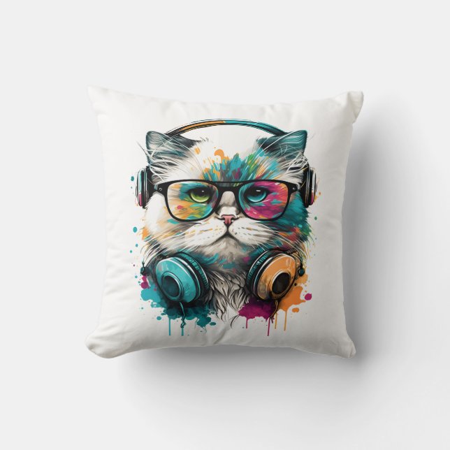 Cojín Decorativo Gafas y audífonos para gatos (Anverso)