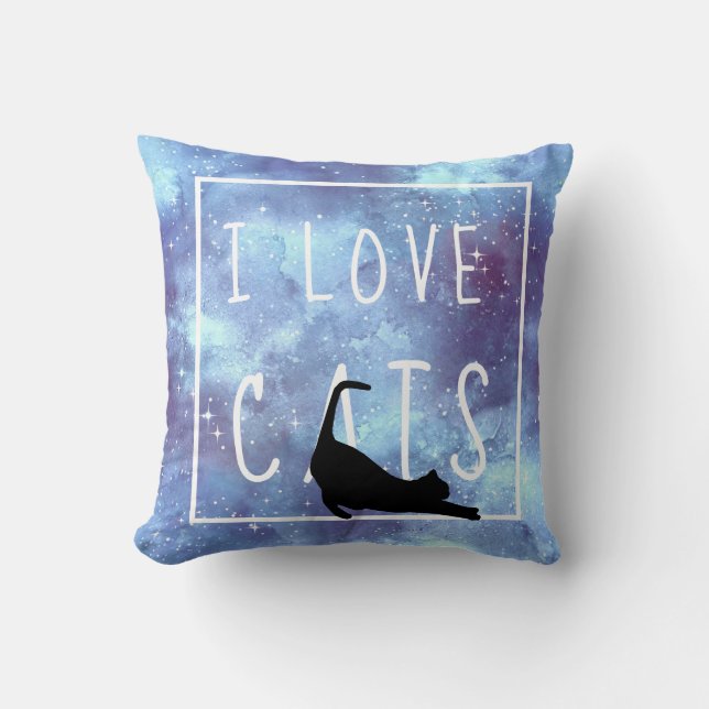 Cojín Decorativo Galaxia acuarela azul de la marina y gato (Anverso)