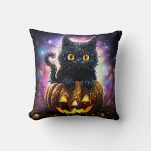 Cojín Decorativo Galaxia de la Calabaza Gato Negro