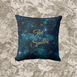 Cojín Decorativo Galaxia estelar azul y dorada con nombre monograma