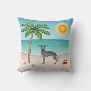 Cojín Decorativo Galgo Italiano Azul en Playa Tropical de Verano