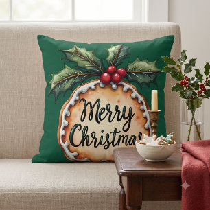 Cojín Decorativo Galleta de Feliz Navidad con bayas de acebo verdes