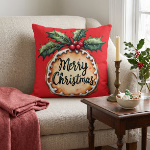 Cojín Decorativo Galleta de Navidad con bayas de acebo rojas