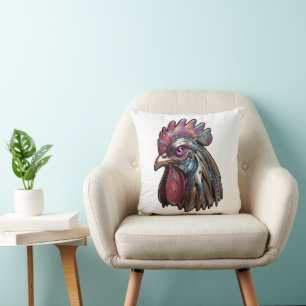 Cojín Decorativo Gallo Ciberpunk Arte Mecánico Iridescente