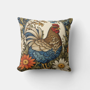 Cojín Decorativo Gallo de Granja Antiguo y Flores de Margarita