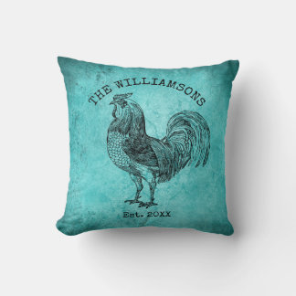 Cojín Decorativo Gallo de granja con nombre de familia antiguo vint