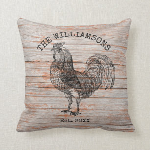 Cojín Decorativo Gallo de granja con nombre de familia antiguo vint