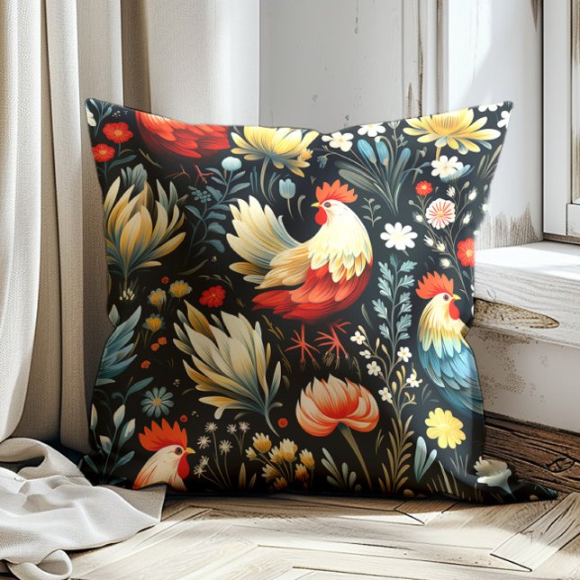Cojín Decorativo Gallo Flores Negras Granja  (Red and cream-colored rooster on black decorator pillow)