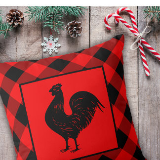 Cojín Decorativo Gallo Rojo Cuadros de Plaid de Granja Campestre