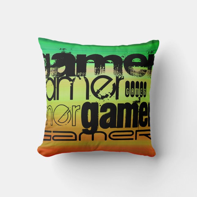 Cojín Decorativo Gamer; verde vibrante, Naranja y amarillo (Anverso)