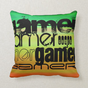 Cojín Decorativo Gamer; verde vibrante, Naranja y amarillo