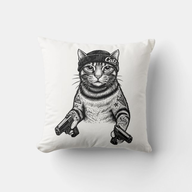 Cojín Decorativo Gangster Cat Tattoo Art | Cool Streetwear Kitty (Anverso)