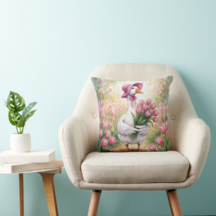 Cojín Decorativo Ganso Blanco Con Tulipanes Rosas