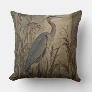 Cojín Decorativo Garza Azul Gris Vintage Botánico Pájaro