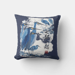 Cojín Decorativo Garza Azul Lavado de Tinta Japonesa Pájaro Natural