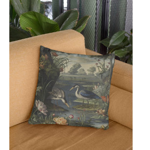 Cojín Decorativo Garzas Azules Antiguas y Arte Botánico de Río Fino
