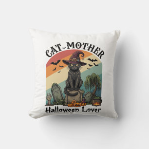 Cojín Decorativo Gata Madre Amante de Halloween Sombrero de Bruja N