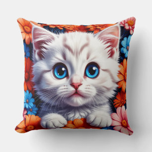 Cojín Decorativo Gatito Blanco Adorable Con Ojos Azules Brillantes