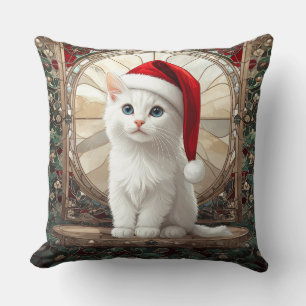 Cojín Decorativo Gatito Blanco con Sombrero de Santa