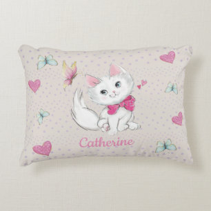 Cojín Decorativo Gatito blanco lindo con la mariposa en pastel