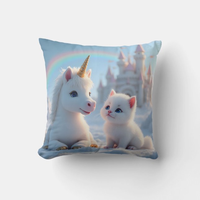 Cojín Decorativo Gatito blanco y unicornio adorables (Anverso)