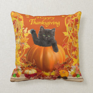 Cojín Decorativo Gatito de Calabaza de Acción de Gracias