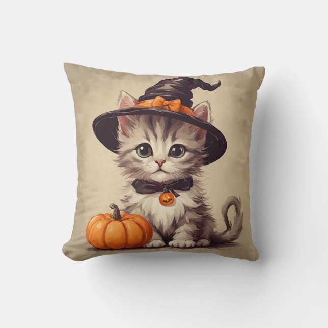 Cojín Decorativo Gatito de cosecha en traje de bruja de Halloween (Anverso)