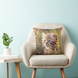 Cojín Decorativo Gatito De Tabby En Flores Silvestres