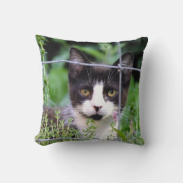 Cojín Decorativo Gatito de Tuxedo en el Jardín