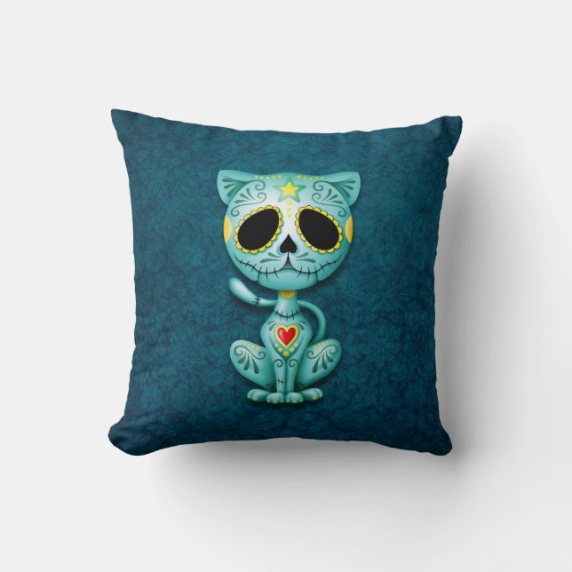 Cojín Decorativo Gatito del azúcar del zombi, azul (Anverso)