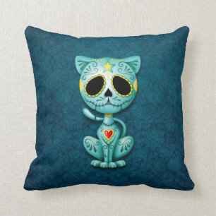 Cojín Decorativo Gatito del azúcar del zombi, azul