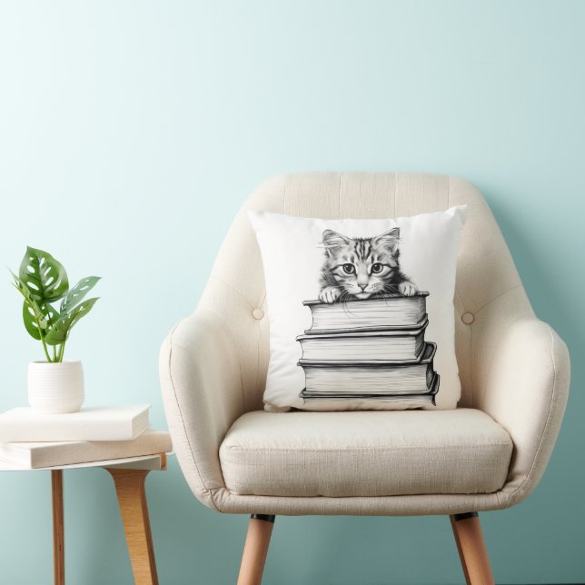 Cojín Decorativo Gatito en libros Monocromático (Silla)