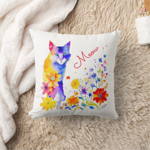 Cojín Decorativo Gatito   Gato y flores en acuarela 