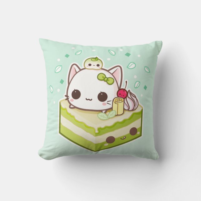 Cojín Decorativo Gatito lindo del mochi con la torta del té verde (Anverso)