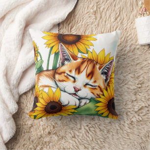 Cojín Decorativo Gatito Lindo Durmiendo y Girasoles