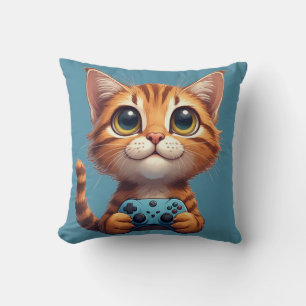 Cojín Decorativo Gatito Naranja Sosteniendo Controlador de Juego Ga
