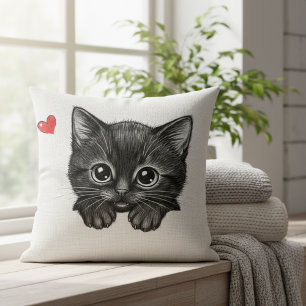 Cojín Decorativo Gatito Negro Adorable Asomándose Corazón