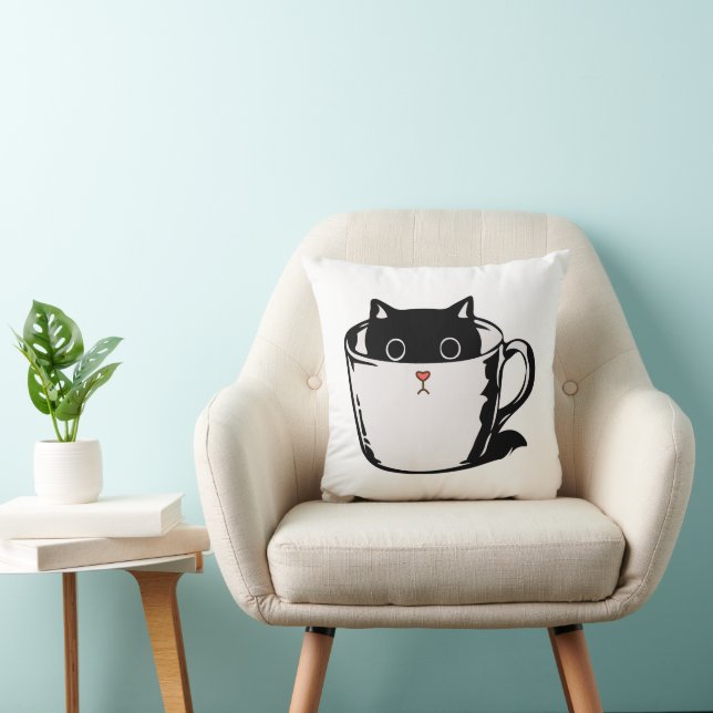Cojín Decorativo Gatito negro con nariz roja escondido en una taza (Silla)