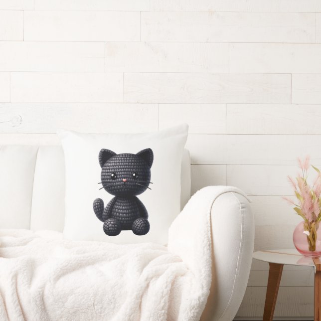 Cojín Decorativo Gatito Negro de Ganchillo (Sofá)
